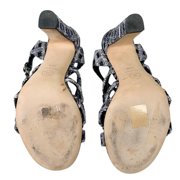 CHANEL Tweed Strappy Chain Interlocking CC Heeled Sandals - Picture 12 of 14